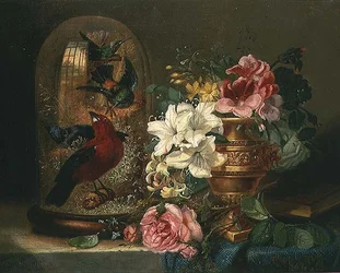Stillleben mit Blumen und Vögeln